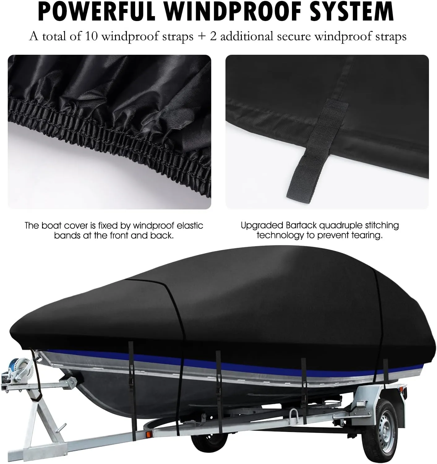 Heavy Duty Bass Boat Cover, 21'2"-23' Trailerable Marine Grade Waterproof Tarp Covers with Adjustable Windproof Tightening Strap & Anti-UV fit V-Hull/Tri-Hull/Fishing Boat/Runabout/Prostyle Bass Boat.