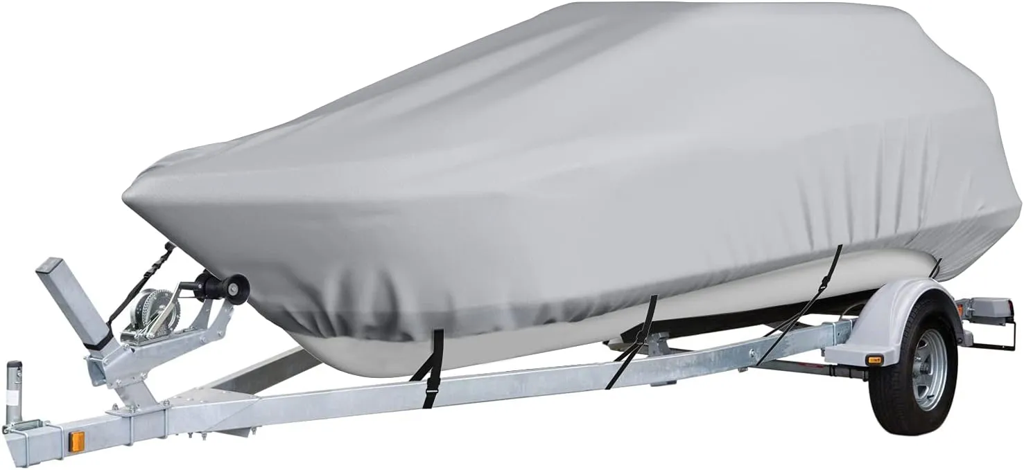 Heavy-Duty Boat Cover,Oxford 600D Waterproof Trailerable Boat Cover Anti-Uv Boat Tarp Deck Boat Covers Center Console Cover Boat Bass Tracker Boat Cover,Fits V-Hull,Gray,14~16FT