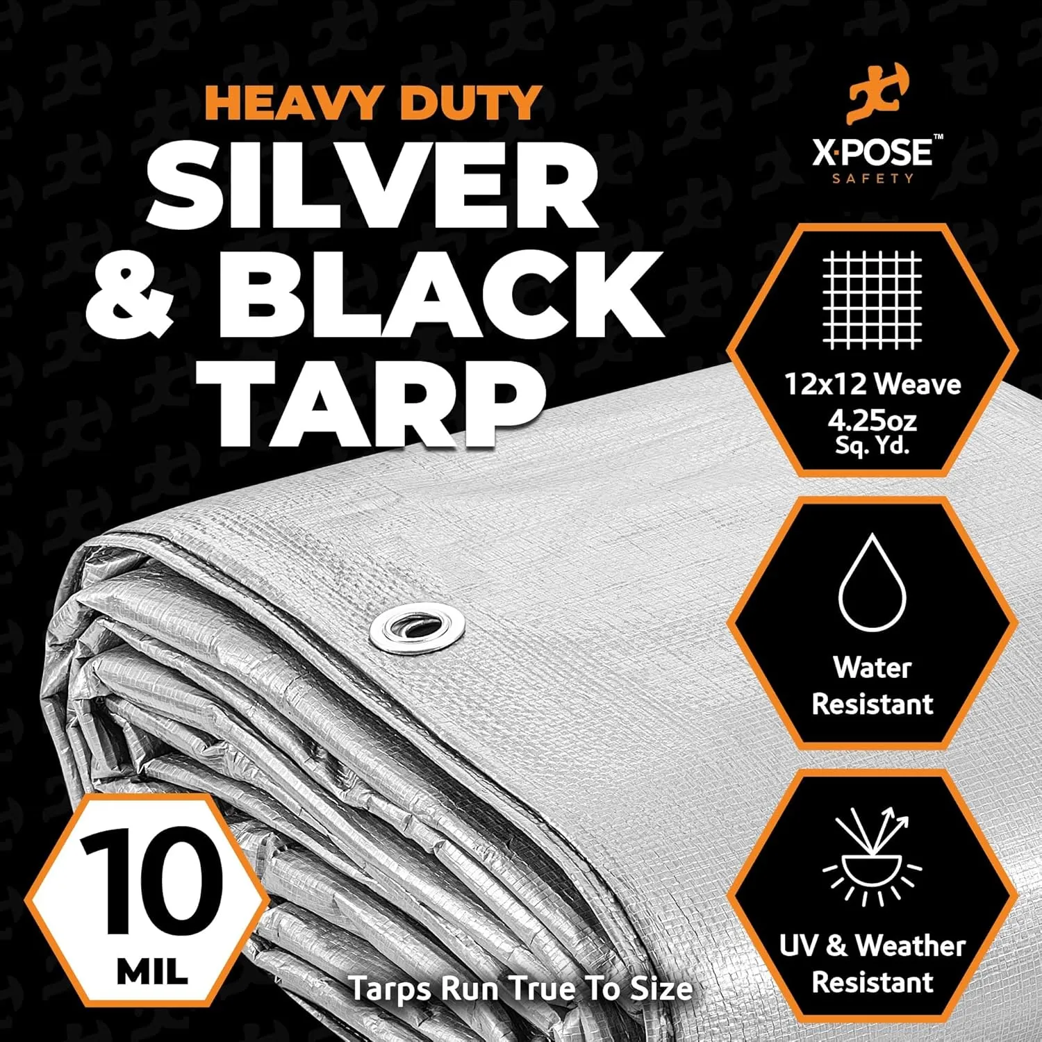 Heavy Duty Poly Tarp - 20' x 30' - 10 Mil Thick Waterproof, UV Blocking Protective Cover - Reversible Silver and Black - Laminated Coating - Grommets - by Xpose Safety