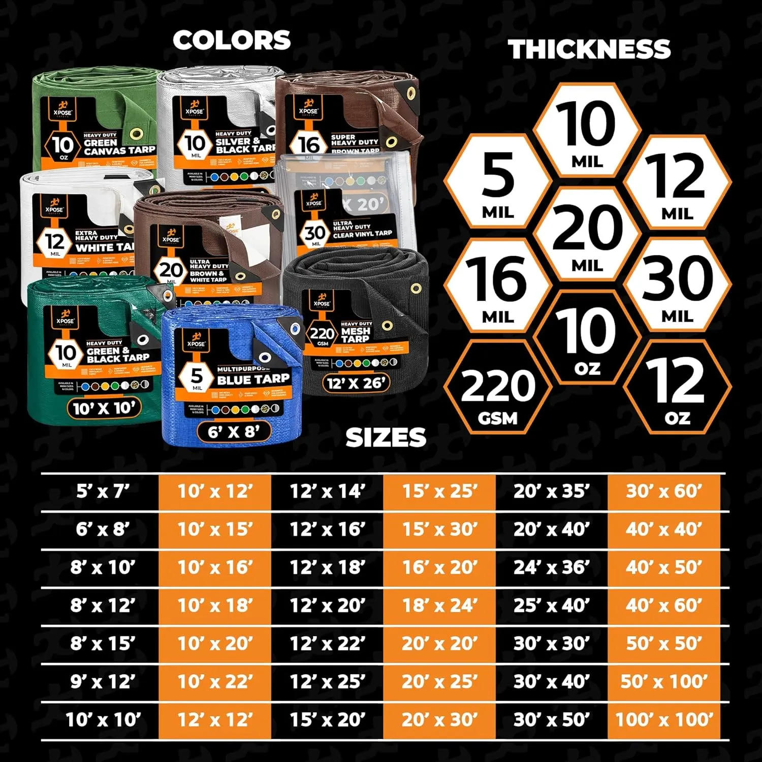 Heavy Duty Poly Tarp - 20' x 30' - 10 Mil Thick Waterproof, UV Blocking Protective Cover - Reversible Silver and Black - Laminated Coating - Grommets - by Xpose Safety