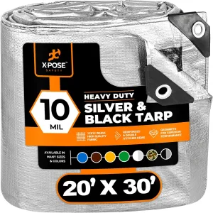 Heavy Duty Poly Tarp - 20' x 30' - 10 Mil Thick Waterproof, UV Blocking Protective Cover - Reversible Silver and Black - Laminated Coating - Grommets - by Xpose Safety