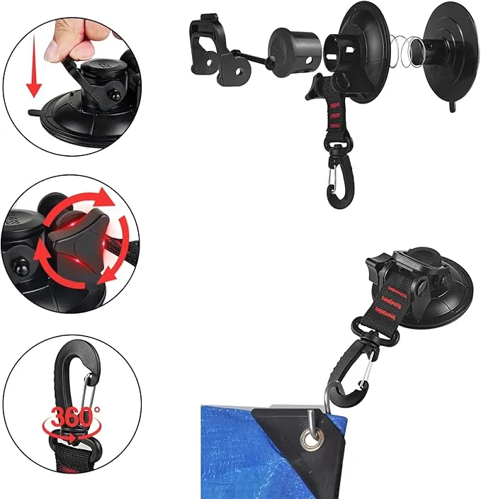 Heavy Duty Suction Cups,2 Pieces with Hooks Upgraded Car Camping Tie Down Suction Cup Camping Tarp Accessory with Viscous Silicone Strong Power for Car Awning Boat Camping Trap