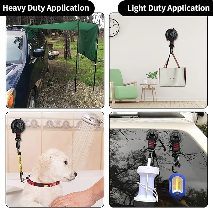 Heavy Duty Suction Cups,2 Pieces with Hooks Upgraded Car Camping Tie Down Suction Cup Camping Tarp Accessory with Viscous Silicone Strong Power for Car Awning Boat Camping Trap