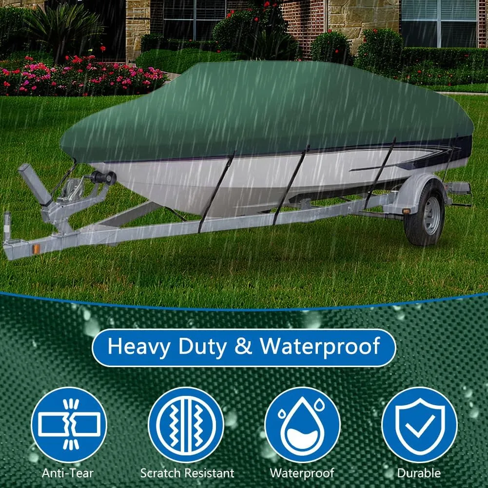 Heavy Duty Waterproof Boat Cover 17-19 ft - Trailerable Marine Grade Tarp for V-Hull, Tri-Hull, Bass & Runabout Boats - UV Resistant, All-Weather Protection for Fishing & Skiing (Dark Green, 11-13ft)