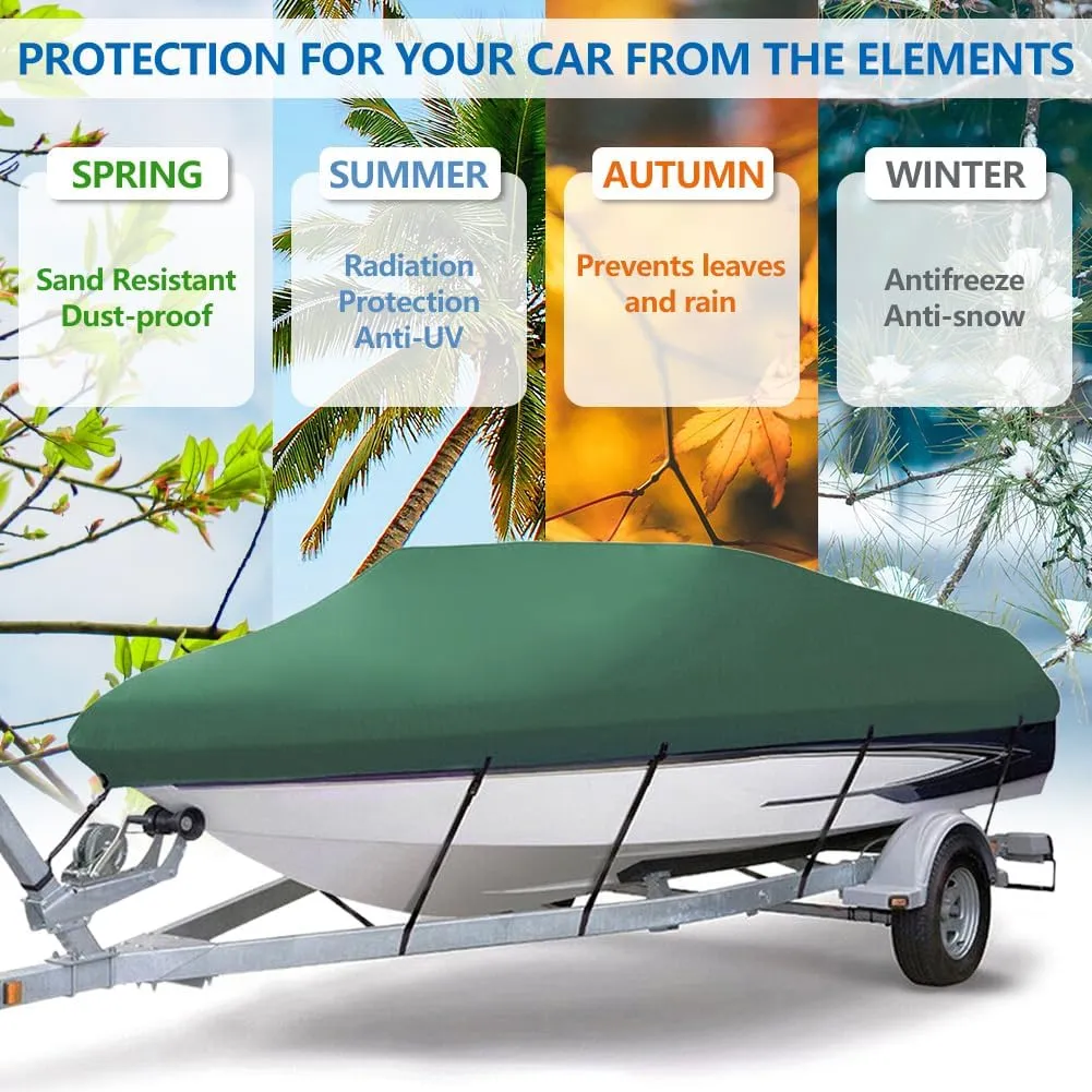 Heavy Duty Waterproof Boat Cover 17-19 ft - Trailerable Marine Grade Tarp for V-Hull, Tri-Hull, Bass & Runabout Boats - UV Resistant, All-Weather Protection for Fishing & Skiing (Dark Green, 11-13ft)