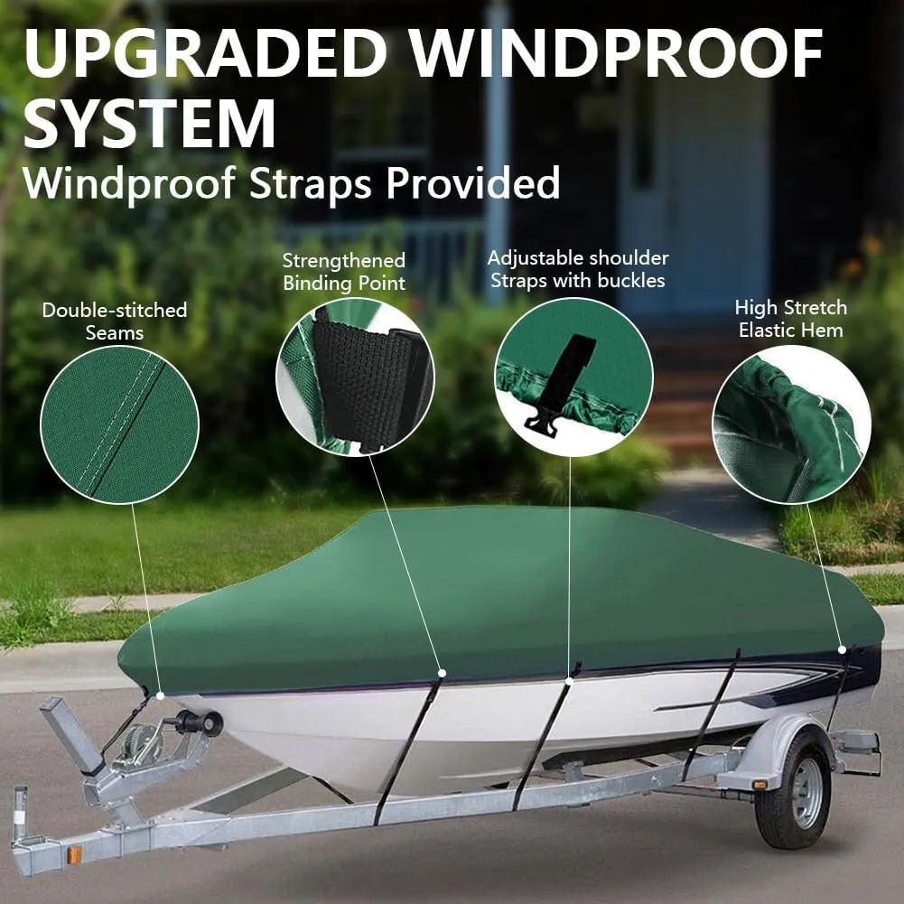 Heavy Duty Waterproof Boat Cover 17-19 ft - Trailerable Marine Grade Tarp for V-Hull, Tri-Hull, Bass & Runabout Boats - UV Resistant, All-Weather Protection for Fishing & Skiing (Dark Green, 11-13ft)