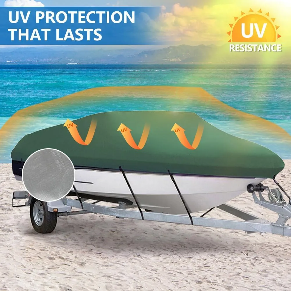 Heavy Duty Waterproof Boat Cover 17-19 ft - Trailerable Marine Grade Tarp for V-Hull, Tri-Hull, Bass & Runabout Boats - UV Resistant, All-Weather Protection for Fishing & Skiing (Dark Green, 11-13ft)