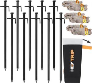 HEYTRIP 10PCS 12Inch Heavy Duty Tent Stakes with 13ft Reflective Guy Lines and Storage Bag, Outdoor Camping Pegs for Tent Tarp Canopy