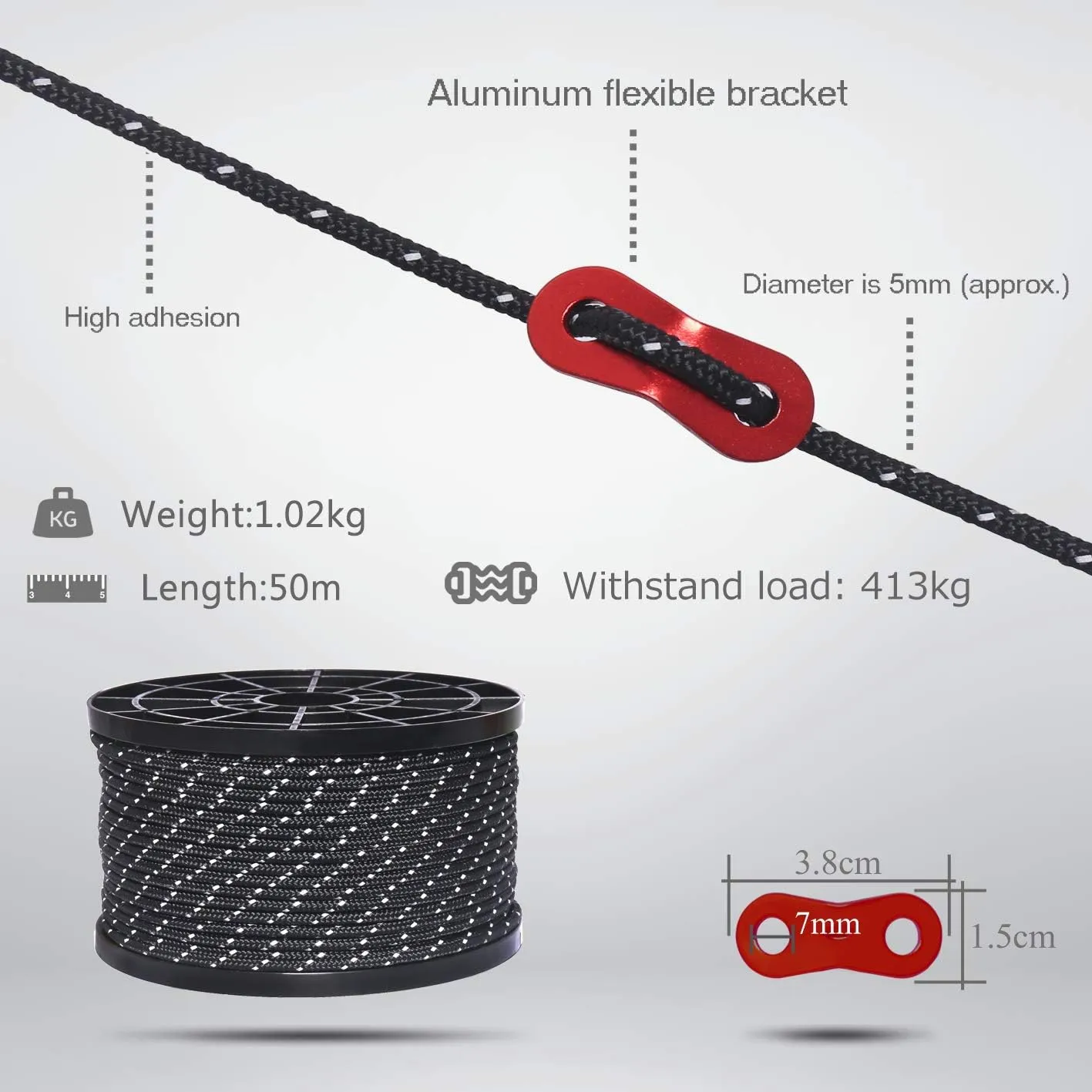 HIKEMAN 50m Reflective Guyline Solid Braid Nylon Camping Rope with Aluminum Adjuster Cord Tensioner Tent Accessory for Outdoor Travel,Hiking,Backpacking and Water Activities (Red, 5mm)