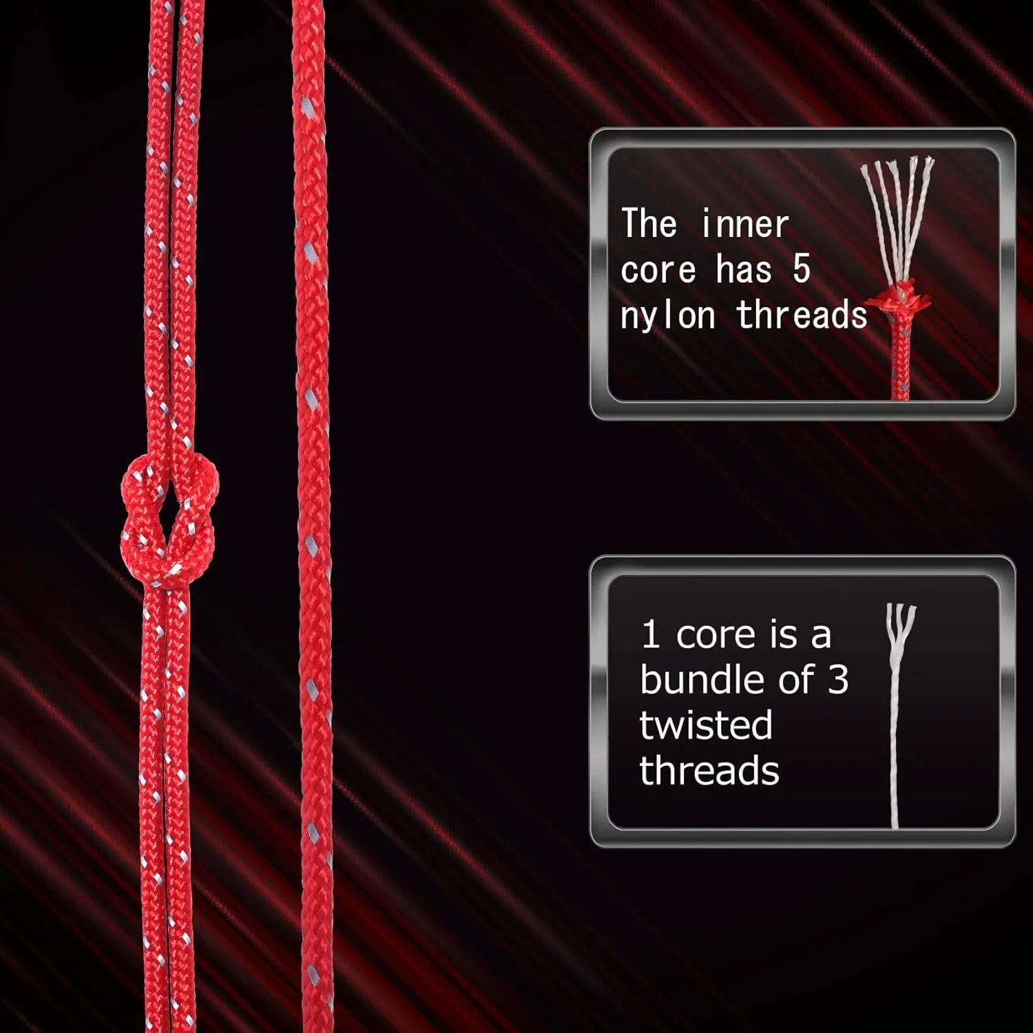 HIKEMAN 50m Reflective Guyline Solid Braid Nylon Camping Rope with Aluminum Adjuster Cord Tensioner Tent Accessory for Outdoor Travel,Hiking,Backpacking and Water Activities (Red, 5mm)
