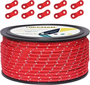HIKEMAN 50m Reflective Guyline Solid Braid Nylon Camping Rope with Aluminum Adjuster Cord Tensioner Tent Accessory for Outdoor Travel,Hiking,Backpacking and Water Activities (Red, 5mm)