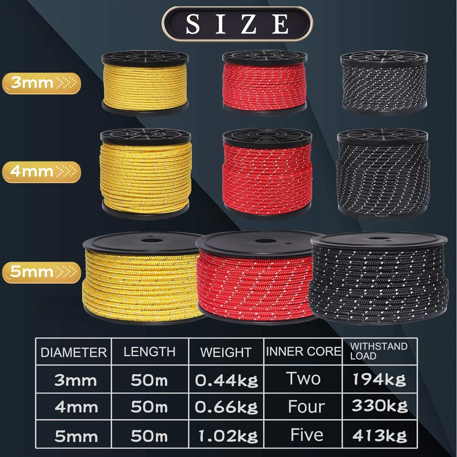 HIKEMAN 50m Reflective Guyline Solid Braid Nylon Camping Rope with Aluminum Adjuster Cord Tensioner Tent Accessory for Outdoor Travel,Hiking,Backpacking and Water Activities (Red, 5mm)