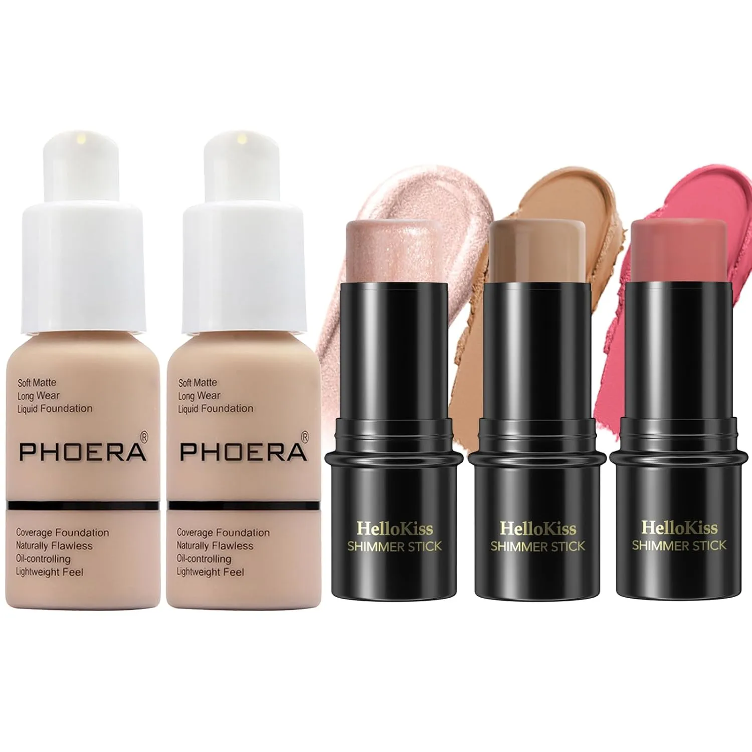 Hilareco PHOERA Foundation,3 PCS Contour Stick Makeup Kit,Shades with Highlighter Stick,Blush Stick and Bronzer Contour (102 102  Fair-Light Contour/Nude  Nude #03,#09,#12)
