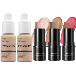 Hilareco PHOERA Foundation,3 PCS Contour Stick Makeup Kit,Shades with Highlighter Stick,Blush Stick and Bronzer Contour (102 102  Fair-Light Contour/Nude  Nude #03,#09,#12)