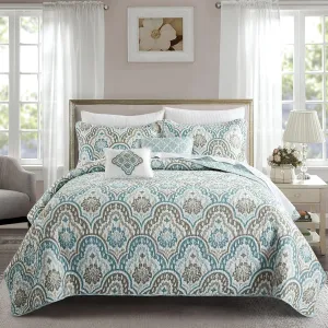 Home Soft Things Tivoli Ikat King Size 102" x 90" 5 Piece Teal Aqua Printed Prewashed Quilted Coverlet Bedspread Bed Cover Set for All Season, Lightweight Quilt Blanket with Matching Shams Pillows