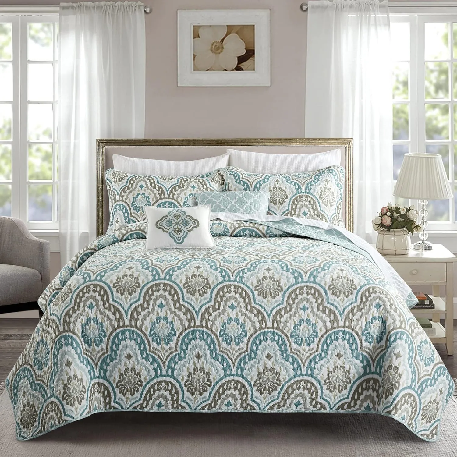 Home Soft Things Tivoli Ikat King Size 102" x 90" 5 Piece Teal Aqua Printed Prewashed Quilted Coverlet Bedspread Bed Cover Set for All Season, Lightweight Quilt Blanket with Matching Shams Pillows