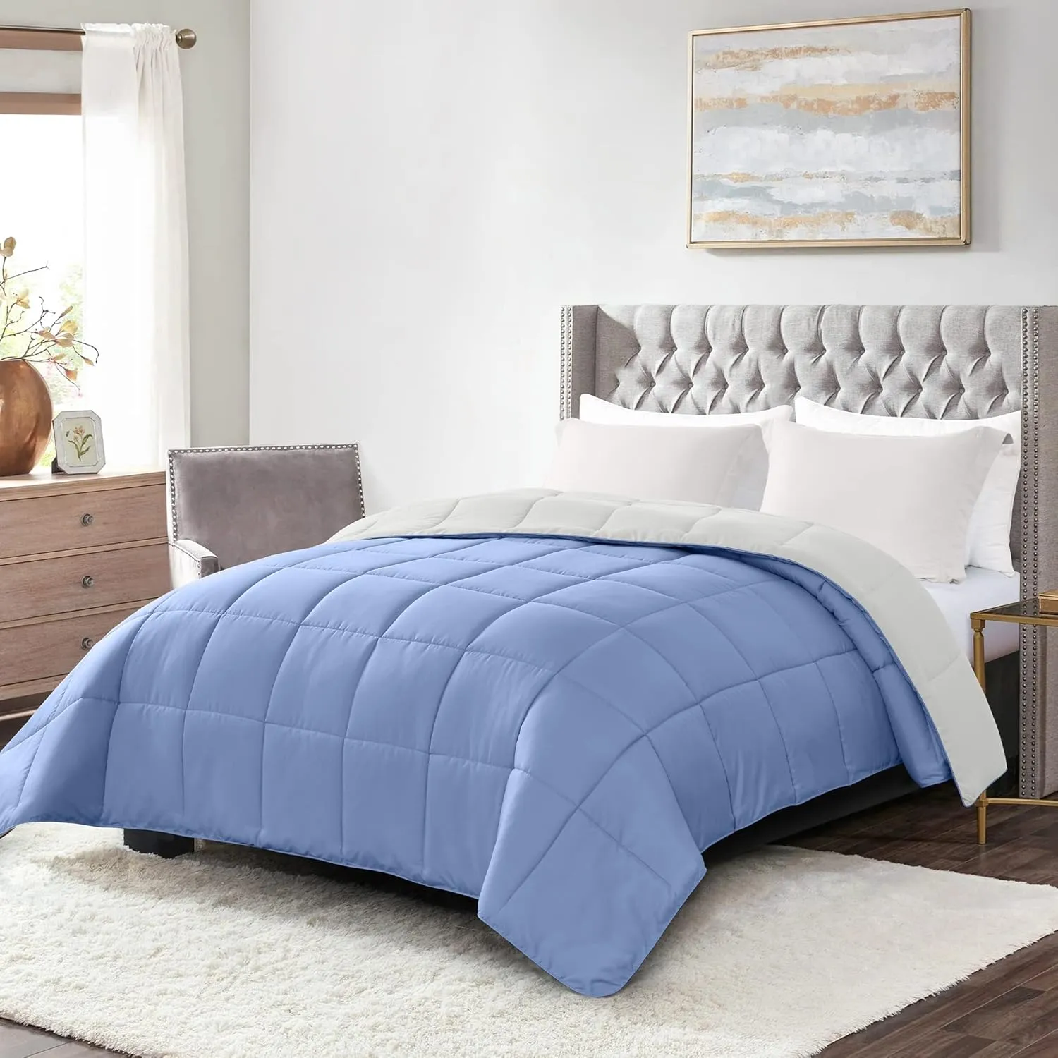 Homelike Moment Comforters Queen Size - Blue Duvet Insert Down Alternative Bed Queen Comforter, Lightweight Bedding Comforters Full Size Quilted Soft All Season Reversible Blue/White