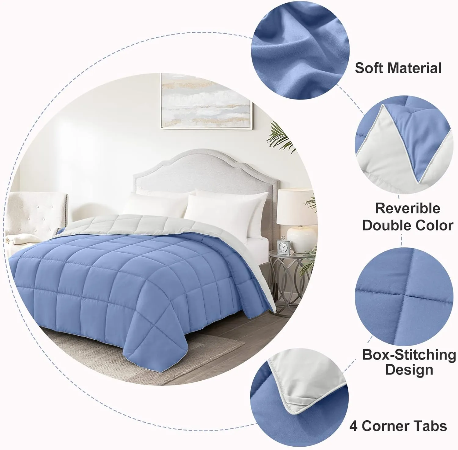 Homelike Moment Comforters Queen Size - Blue Duvet Insert Down Alternative Bed Queen Comforter, Lightweight Bedding Comforters Full Size Quilted Soft All Season Reversible Blue/White