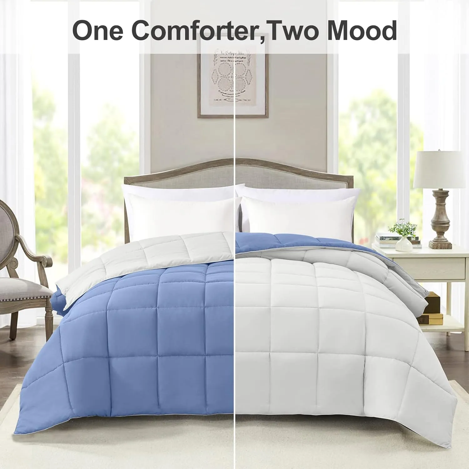 Homelike Moment Comforters Queen Size - Blue Duvet Insert Down Alternative Bed Queen Comforter, Lightweight Bedding Comforters Full Size Quilted Soft All Season Reversible Blue/White