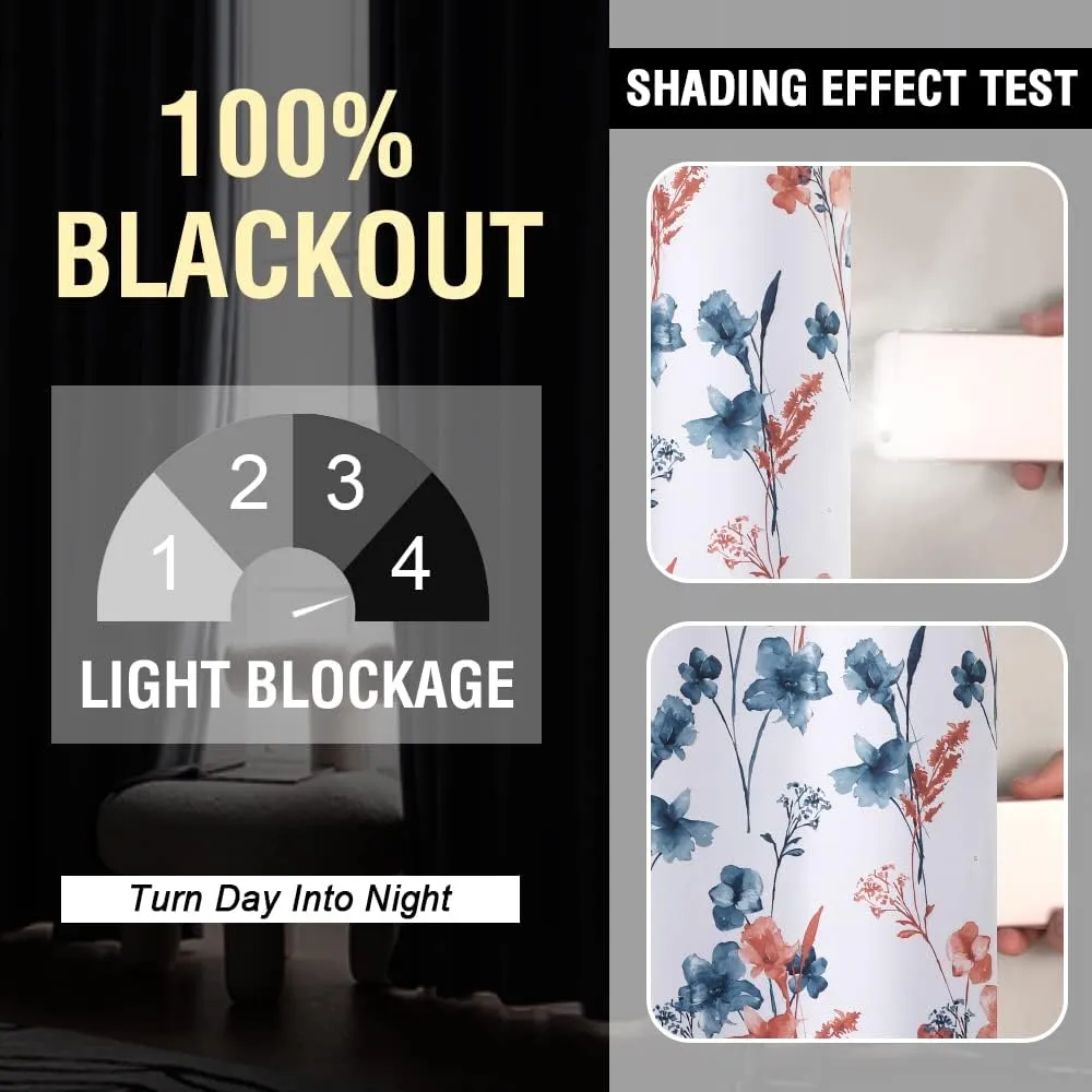 H.VERSAILTEX 100% Blackout Curtains 84 inch Length 2 Panels Set Cattleya Floral Printed Drapes Leah Floral Thermal Curtains for Bedroom with Black Liner Sound Proof Curtains, Stone Blue and Coral