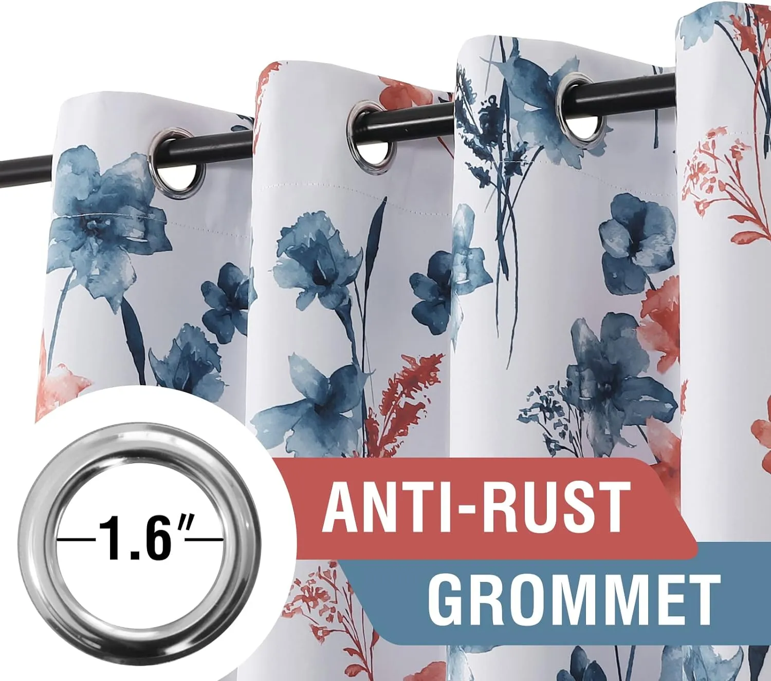H.VERSAILTEX 100% Blackout Curtains 84 inch Length 2 Panels Set Cattleya Floral Printed Drapes Leah Floral Thermal Curtains for Bedroom with Black Liner Sound Proof Curtains, Stone Blue and Coral