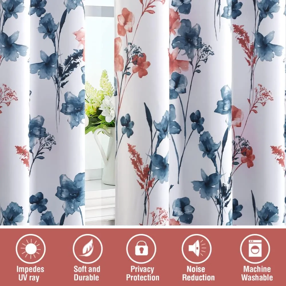 H.VERSAILTEX 100% Blackout Curtains 84 inch Length 2 Panels Set Cattleya Floral Printed Drapes Leah Floral Thermal Curtains for Bedroom with Black Liner Sound Proof Curtains, Stone Blue and Coral