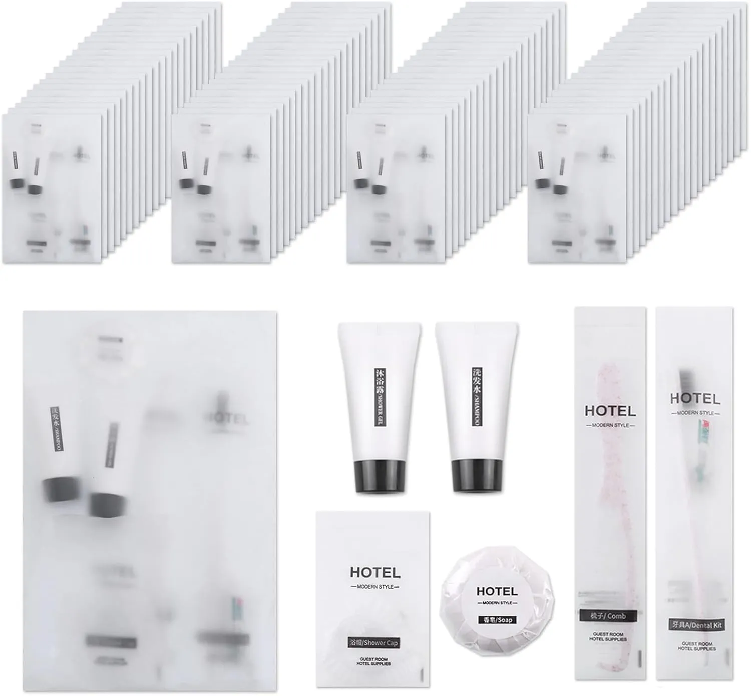 Hygiene Kit, Hygiene Kit Bulk, Travel Hygiene Kit With Toothbrush, Toothpaste, Comb, Shampoo, Shower Gel, Shower Cap And Soap, Individually Packed, Suitable For Home, Hotel, Camping, Travel (PACK-50)
