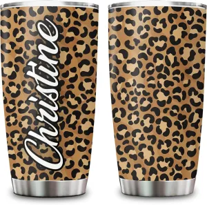 Hyturtle Personalized Gifts For Leopard Lover - Birthday Christmas - Leopard Print Custom Name Stainless Steel Tumbler 20oz With Straw Lid - Cheetah Lover Gifts For Her Women Girl Daughter Friend