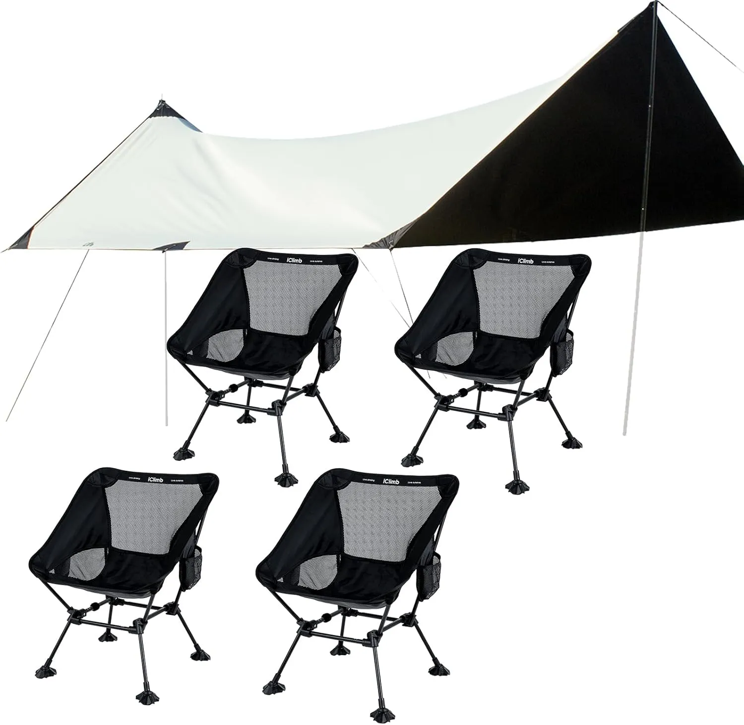 iClimb 4 Ultralight Compact Anti-Sinking Large Feet Chair and 1 8-Person Waterproof Sun Shield Tarp UPF 50  Bundle for Adults Outdoor Glamping Camping Concert Beach Backyard Party