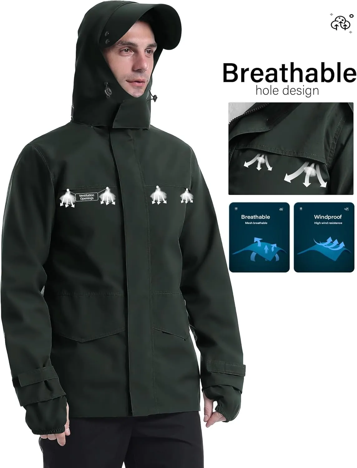 iCreek Rain Jacket Men's Lightweight with Hood Packable Waterproof Raincoat Breathable Antistorm Jacket Windbreaker