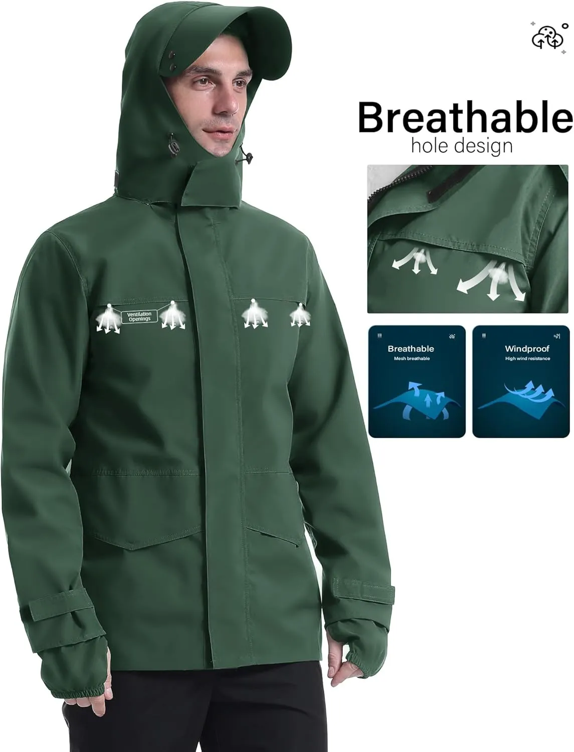 iCreek Rain Jacket Men's Lightweight with Hood Packable Waterproof Raincoat Breathable Antistorm Jacket Windbreaker
