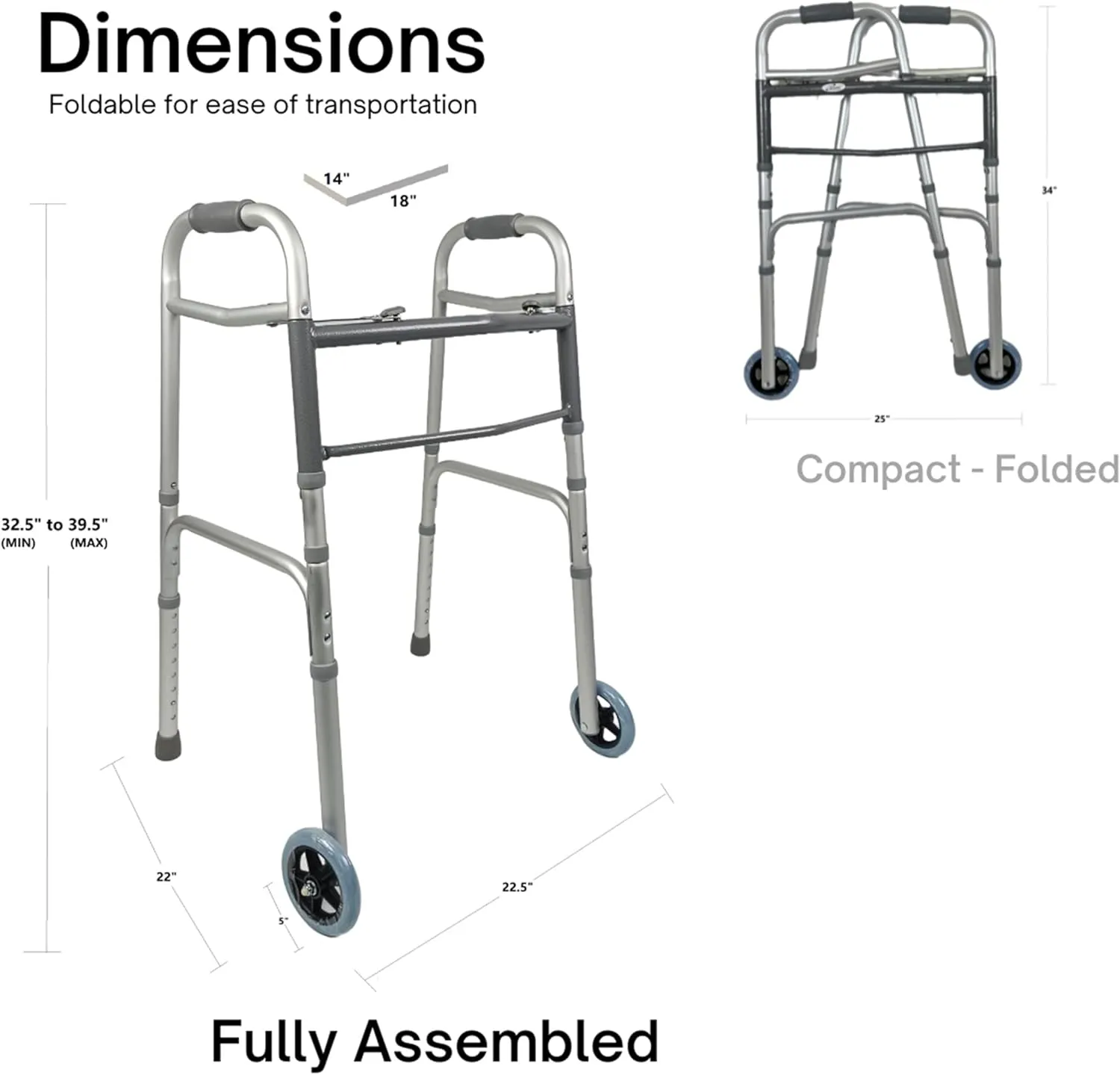 iLIVING ILG-670 Adjustable Height 2-Button Foldable Rolling Walker with Front Wheels - Lightweight, Durable Mobility Aid Stand-Assist Feature for Adults