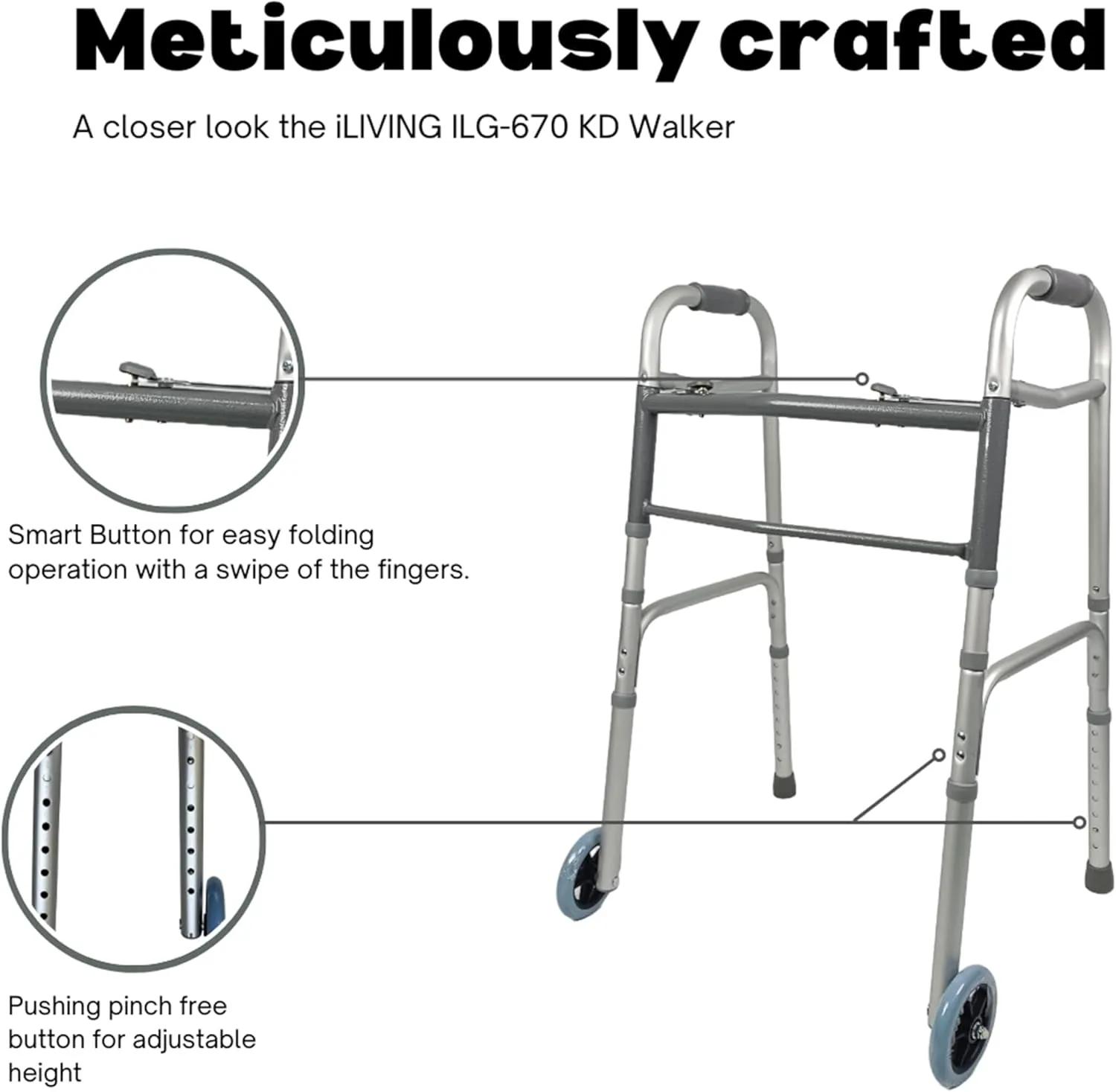 iLIVING ILG-670 Adjustable Height 2-Button Foldable Rolling Walker with Front Wheels - Lightweight, Durable Mobility Aid Stand-Assist Feature for Adults