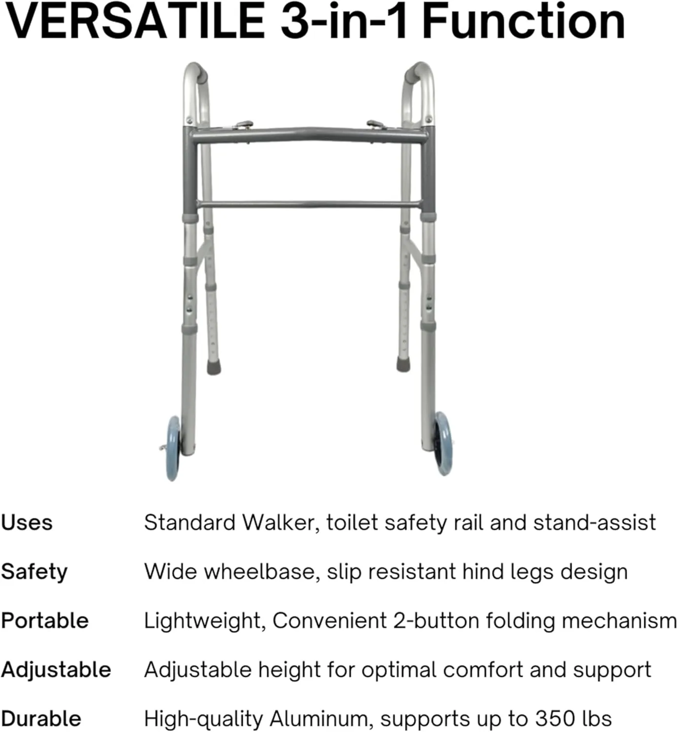 iLIVING ILG-670 Adjustable Height 2-Button Foldable Rolling Walker with Front Wheels - Lightweight, Durable Mobility Aid Stand-Assist Feature for Adults