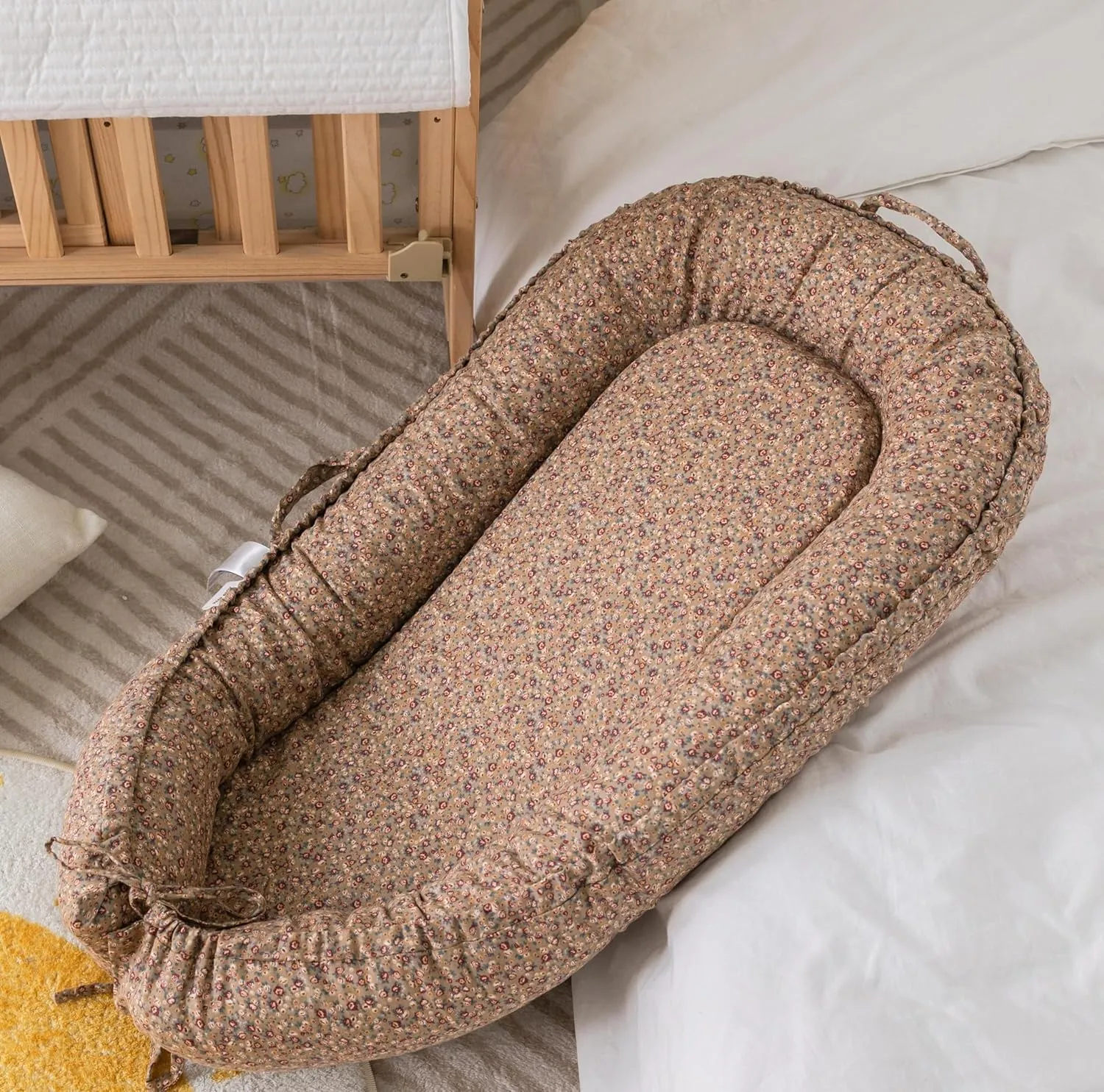 Infant Lounger, Baby Nest Cover for Baby Girls & Boys, Newborn Essentials for Baby 0-12 Months, 100% Cotton Breathable, Portable Travel Bed (Brown Blossom_, Cotton_Muslin)