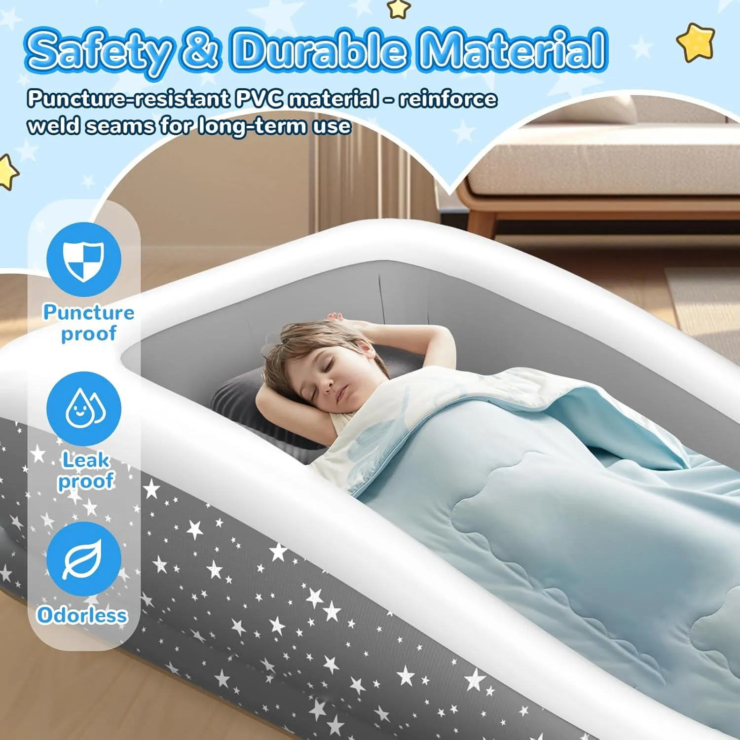 Inflatable Toddler Travel Bed: Portable & Safety - Blow Up Toddler Bed Travel with 4 Sides - Kids Air Mattress Ideal for Outdoor Camping - Easy to Inflate Deflate and Clean