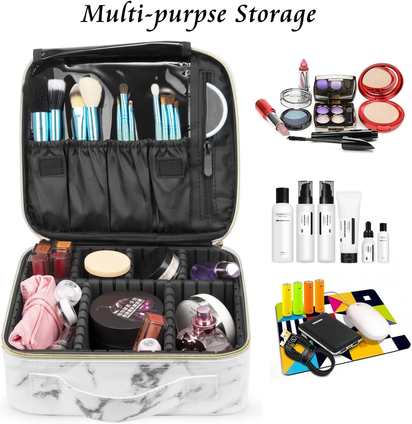 Initials Travel Makeup Train Case Birthday Mothers Day Gifts for Women, Personalized Makeup Box Organizer with Adjustable Dividers for Make up Brushes Toiletry Jewelry Digital Accessories, Marble, H.