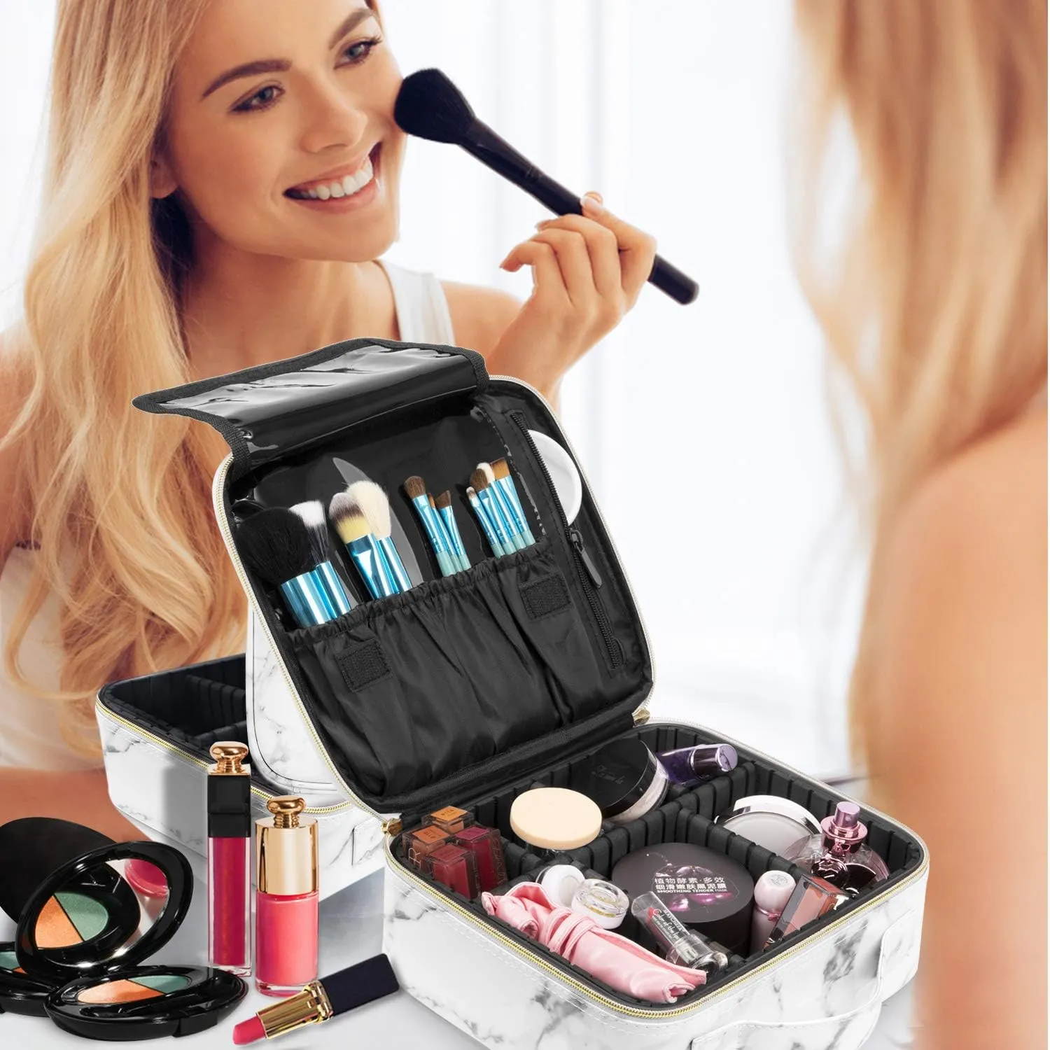 Initials Travel Makeup Train Case Birthday Mothers Day Gifts for Women, Personalized Makeup Box Organizer with Adjustable Dividers for Make up Brushes Toiletry Jewelry Digital Accessories, Marble, H.