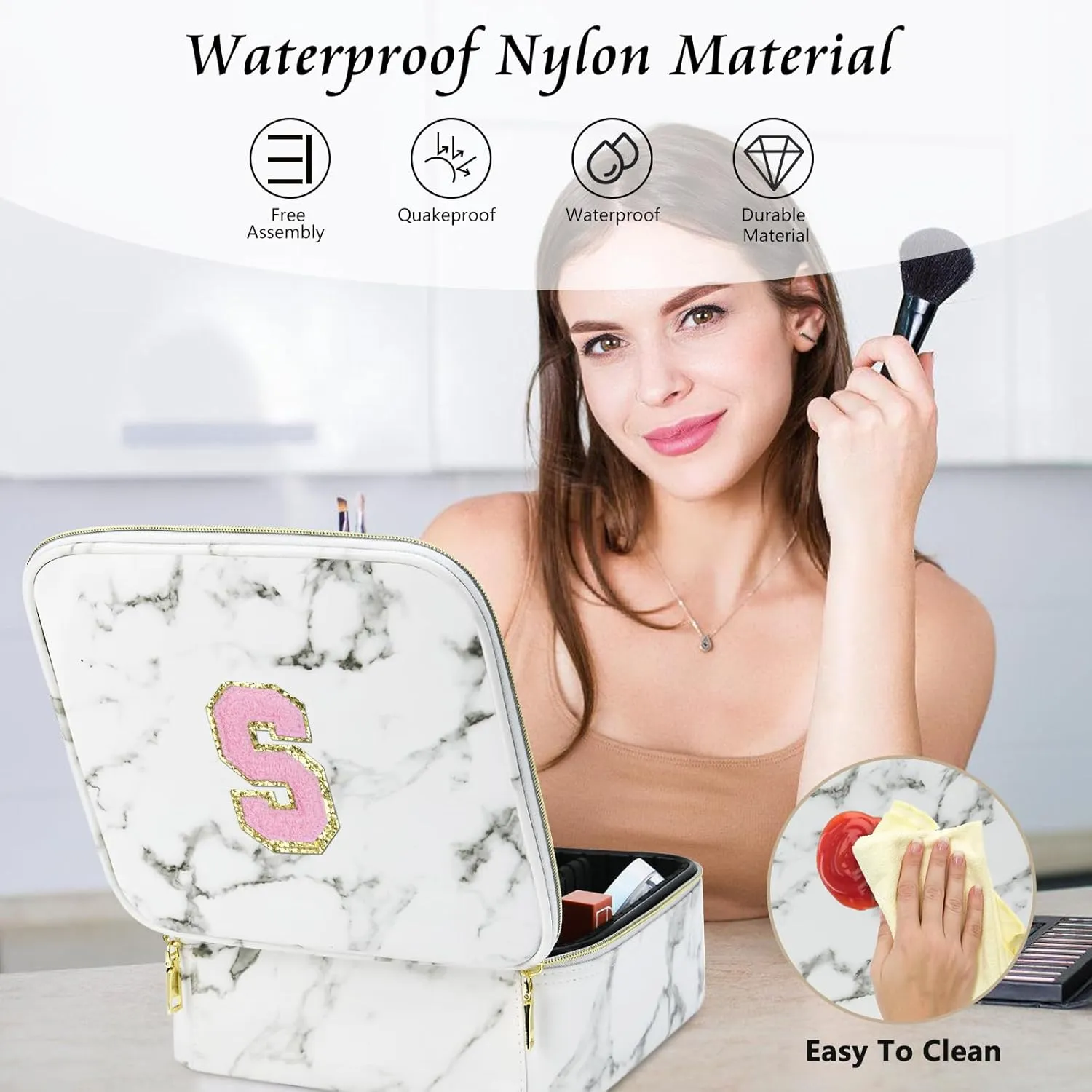 Initials Travel Makeup Train Case Birthday Mothers Day Gifts for Women, Personalized Makeup Box Organizer with Adjustable Dividers for Make up Brushes Toiletry Jewelry Digital Accessories, Marble, H.