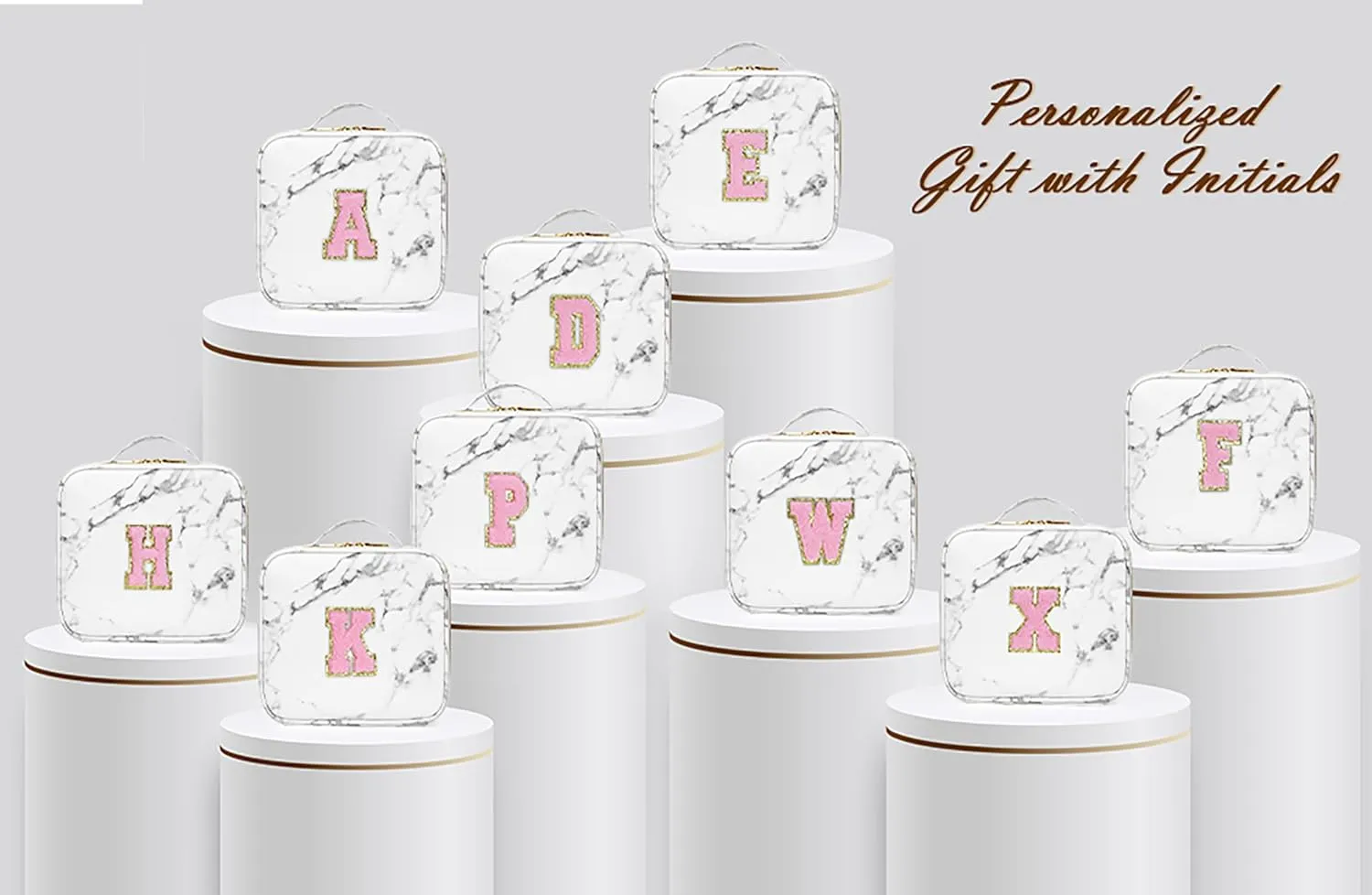 Initials Travel Makeup Train Case Birthday Mothers Day Gifts for Women, Personalized Makeup Box Organizer with Adjustable Dividers for Make up Brushes Toiletry Jewelry Digital Accessories, Marble, H.