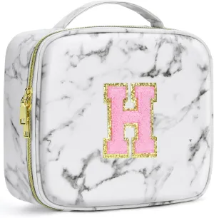 Initials Travel Makeup Train Case Birthday Mothers Day Gifts for Women, Personalized Makeup Box Organizer with Adjustable Dividers for Make up Brushes Toiletry Jewelry Digital Accessories, Marble, H.