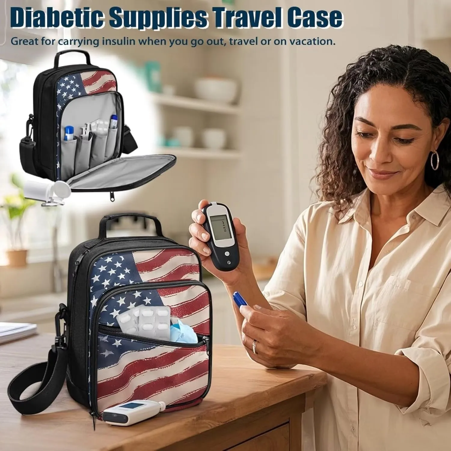 Insulated Diabetes Organizer, American Flag Diabetes Supply Bag, Diabetic Supplies Travel Case, Insulin Pen Case with Adjustable Shoulder Strap