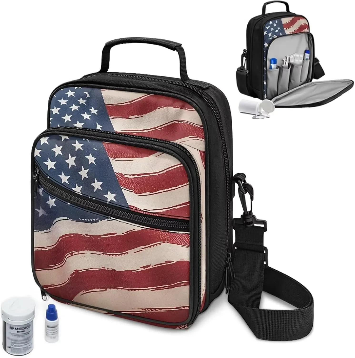 Insulated Diabetes Organizer, American Flag Diabetes Supply Bag, Diabetic Supplies Travel Case, Insulin Pen Case with Adjustable Shoulder Strap