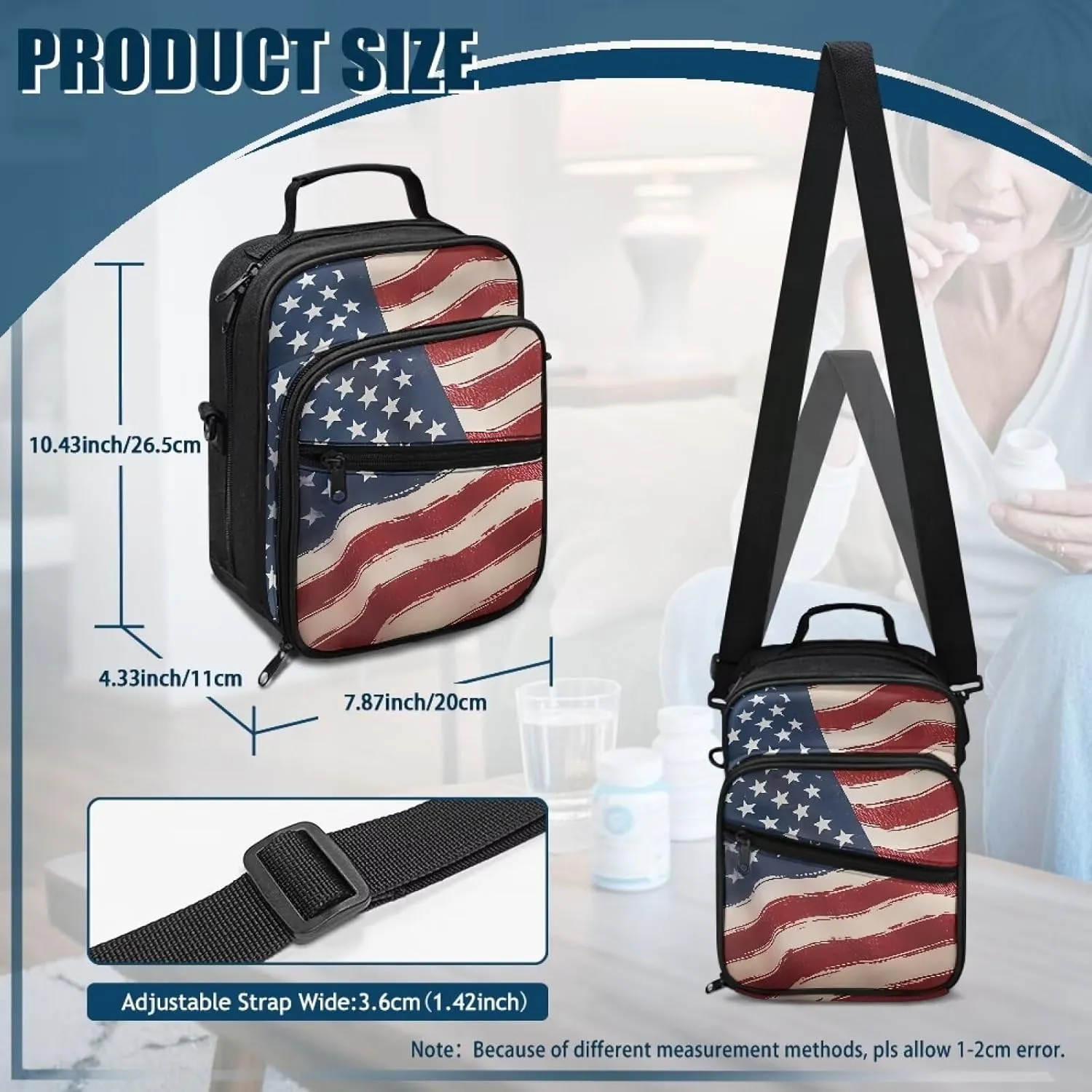 Insulated Diabetes Organizer, American Flag Diabetes Supply Bag, Diabetic Supplies Travel Case, Insulin Pen Case with Adjustable Shoulder Strap