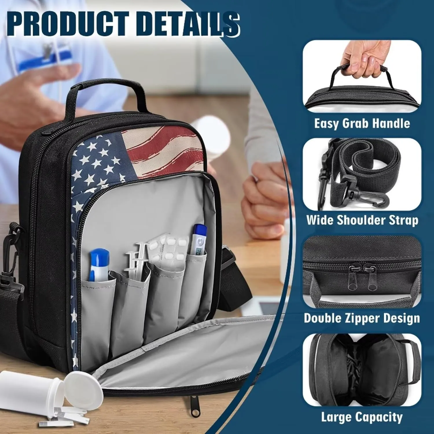 Insulated Diabetes Organizer, American Flag Diabetes Supply Bag, Diabetic Supplies Travel Case, Insulin Pen Case with Adjustable Shoulder Strap