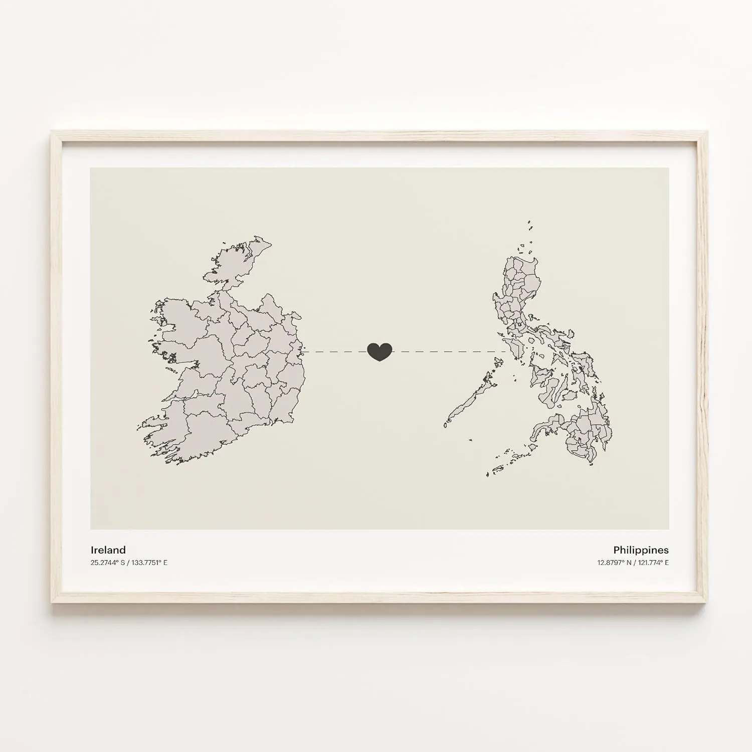 Ireland to Philippines Print, Peruvian Gift, Minimalistic Country Connection Map Poster, Travel Wall Art, Travel Gift