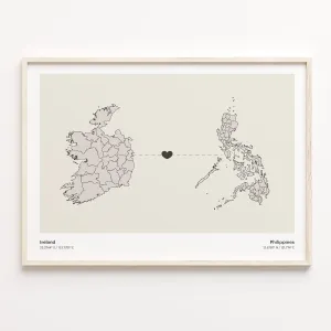 Ireland to Philippines Print, Peruvian Gift, Minimalistic Country Connection Map Poster, Travel Wall Art, Travel Gift