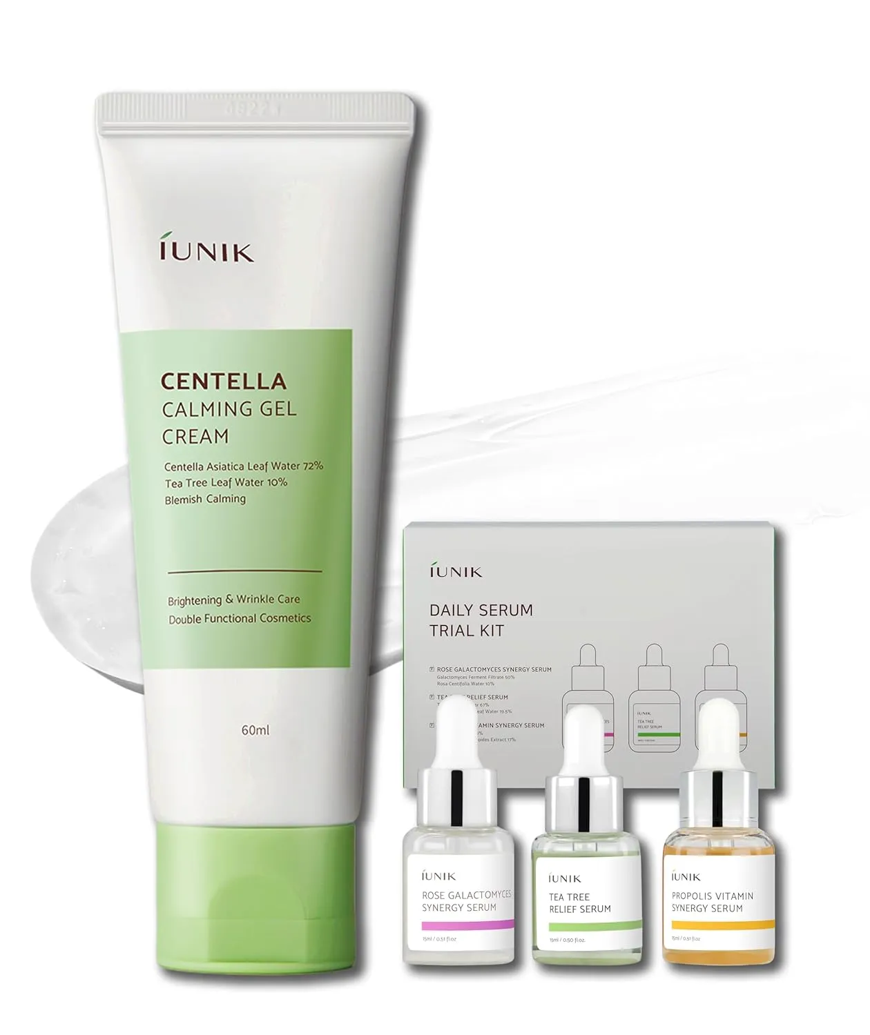 IUNIK Centella Calming Gel Cream & Daily Serum Trial Kit - Rose Galactomyces Synergy Serum, Tea Tree Relief Serum, Propolis Vitamin Synergy Serum for All Skin Types Korean Skincare