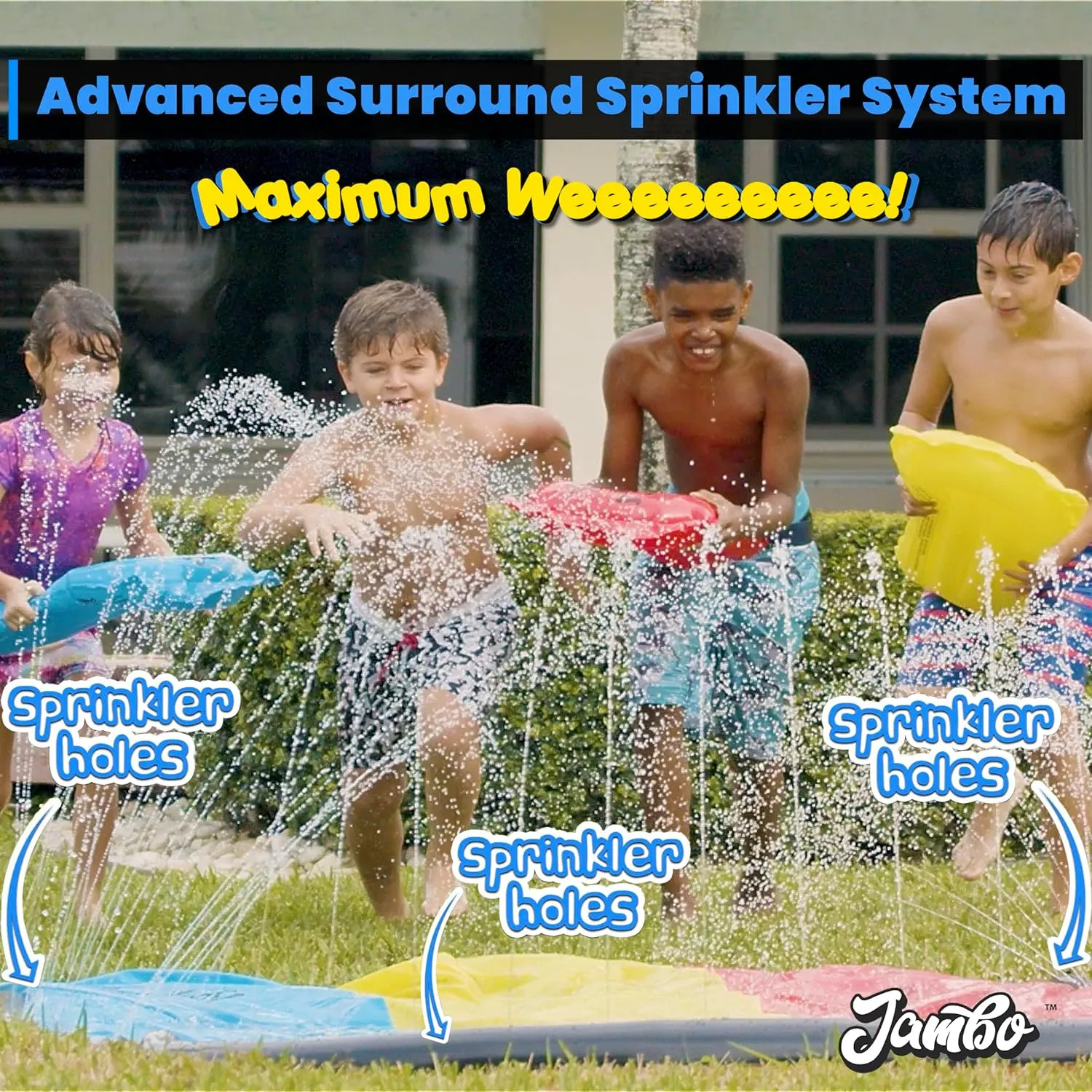 JAMBO Premium Triple Water Slide with 3 Bodyboards, 20Ft Heavy Duty Slip Splash and Slides-Advanced 3-Way Sprinkler System, Splash Pad Mat Backyard Summer Outdoor Water Toys n Long Slides for Kids