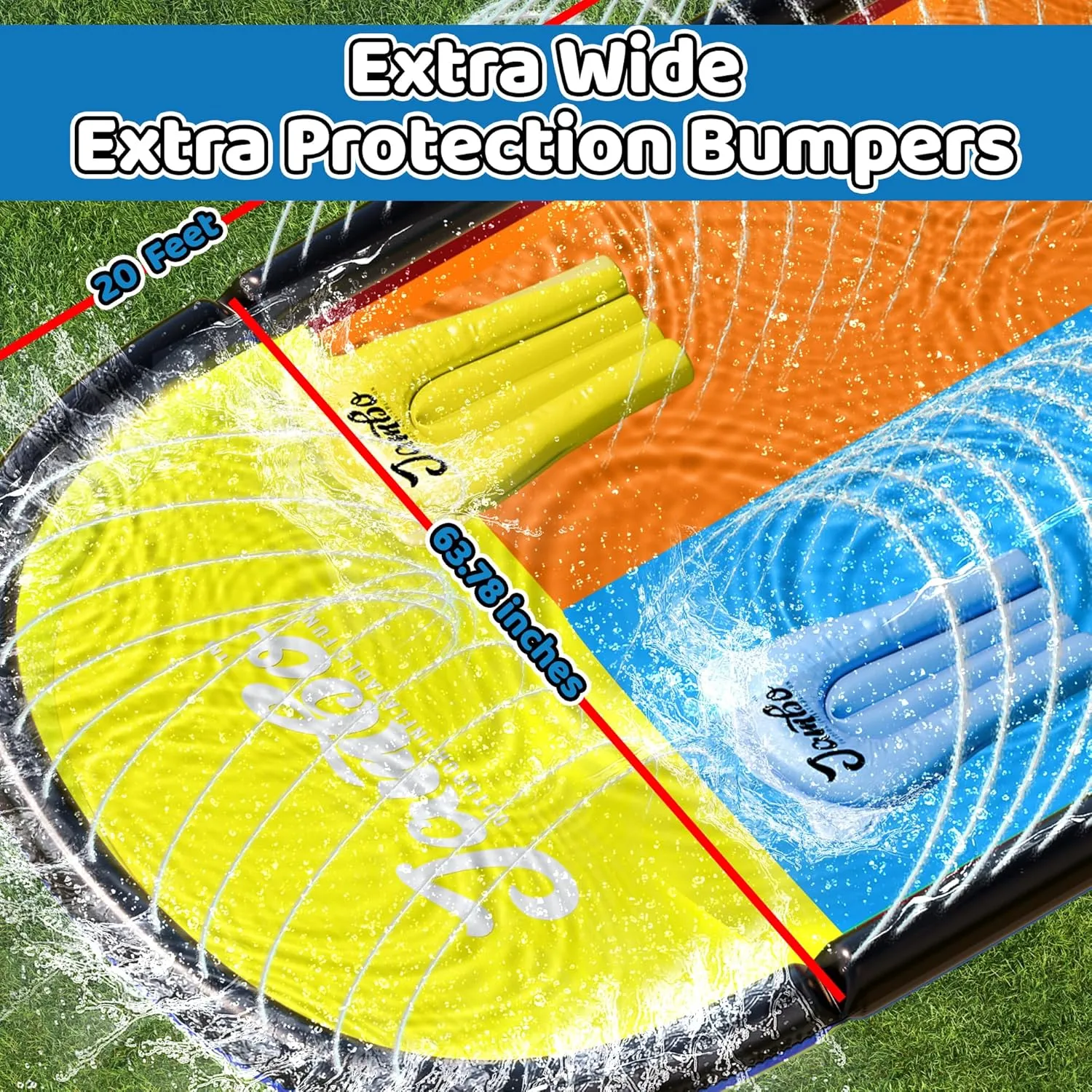 JAMBO XL Premium 20Ft Slip Splash and Slide with 2 Bodyboards, Heavy Duty Water Slide with Advanced 3-Way Water Sprinkler System, Backyard Waterslide, Splash Mat, Outdoor Water Toys n Slides for Kids